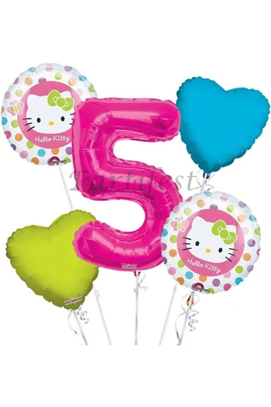Hello Kitty 5 Yaş Balon Set Hello Kitty Folyo Balon Set Konsept Doğum Günü Set Yaş Balon