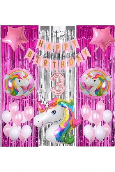 Gökkuşağı Unicorn Konsept 3 Yaş Balon Doğum Günü Set Gökkuşağı Unicorn Yaş Balon Set ürün görseli