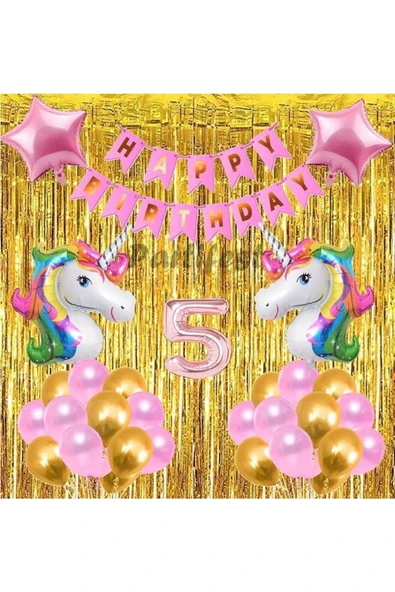 Gökkuşağı Unicorn Konsept 5 Yaş Balon Doğum Günü Set Gökkuşağı Altın Renk Unicorn Yaş Balon Set ürün görseli