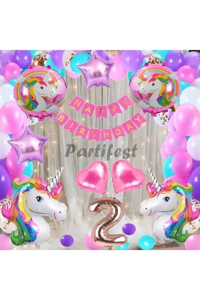 Gökkuşağı Unicorn Konsept 2 Yaş Balon Doğum Günü Set Tek Boynuzlu At Unicorn Yaş Balon Set