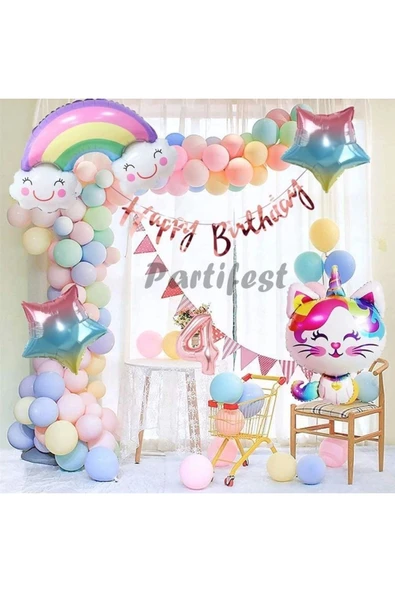 Unicorn Kedi Kitty Rakam Konsept 4 Yaş Balon Doğum Günü Set Yaş Balon Set ürün görseli