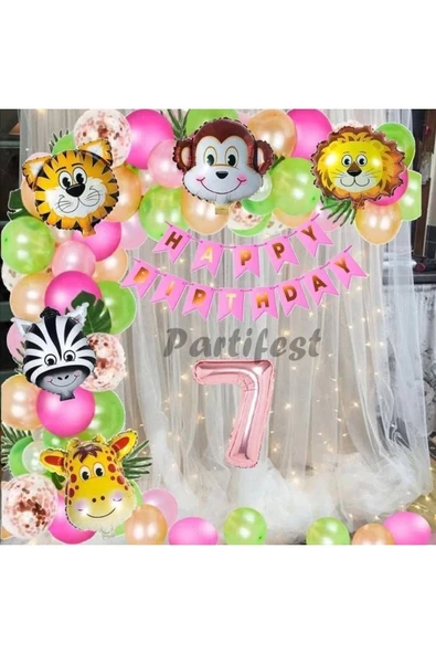 Kız Çocuk Safari Hayvanlar 7 Yaş Balon Set Pembe Safari Helyum Balon Set Safari Doğum Günü Set ürün görseli