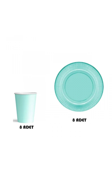 Pastel Macaron Kağıt Tabak Bardak Seti 8 Adet Yeşil Renk - Resim 2