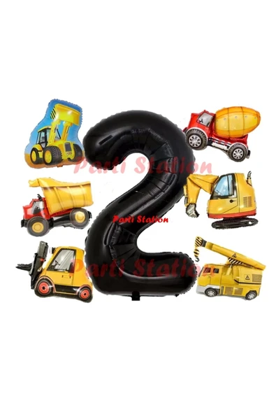 İnşaat Araçları Konsept Doğum Günü 2 Yaş Balon Set Mini Boy Kepçe Dozer Mikser Kamyon Forklift Balon