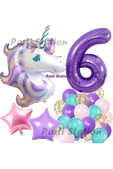 Mor Rakam Balonlu Unicorn Konsept 6 Yaş Doğum Günü Balon Set Mor Unicorn Tema Folyo Balon Set