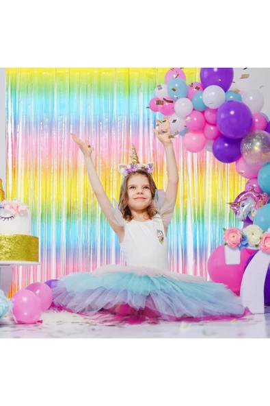 Gökkuşağı Macaron Renk Rengarenk Arka Fon Duvar Süsü Kapı Perdesi Gökkuşağı Konsept Unicorn Fon Süs - 5