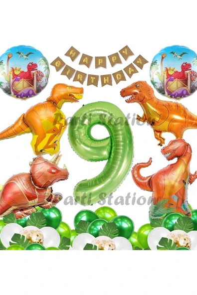 Orman Tema Jurassic Park Dinozor Konsept Yeşil Rakam Balon 9 Yaş Dev Balonlu Doğum Günü Balon Set