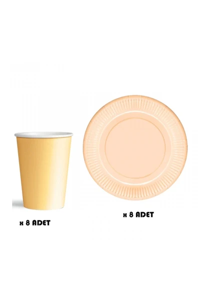 Pastel Macaron Kağıt Tabak Bardak Seti 8 Adet Somon Renk - 3
