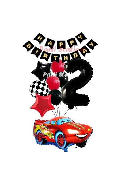 Cars Şimşek Mcqueen Yarış Arabası Konsept 2 Yaş Balon Set Cars Doğum Günü Happy Birthday Balon Set