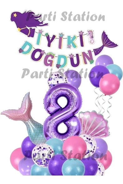 Mor Rakam Balon Deniz Kızı Konsept Parti 8 Yaş Balon Set Mermaid Doğum Günü Balon Set Deniz Kızı