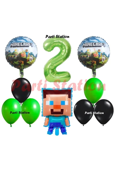 Yeşil Rakam Balonlu Minecraft Konsept Doğum Günü 2 Yaş Balon Set Minecraft Yeşil Siyah Balon Set
