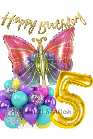 Rengarenk Kelebek 1 Yaş Balon Set Colorfull Butterfly Gökkuşağı Konsept Parti Doğum Günü Balon Seti ürün görseli