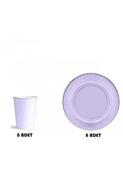 Pastel Macaron Kağıt Tabak Bardak Seti 8 Adet Mor Renk - Resim 3