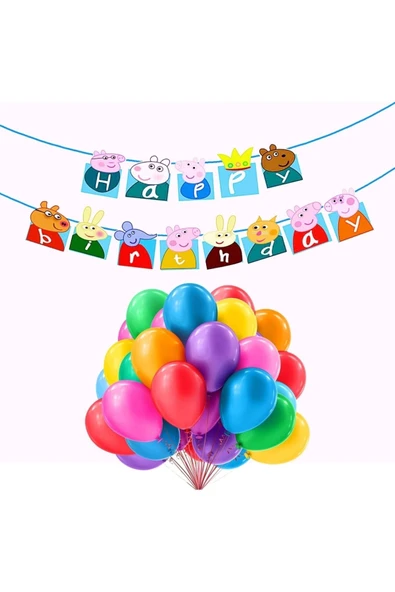 Peppa Pig Happy Birthday Banner ve Balon Doğum Günü Parti Seti Peppa Pig Flama