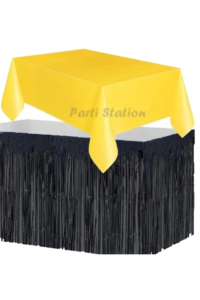 Masa Örtüsü ve Masa Eteği Set Plastik Sarı Renk Masa Örtüsü Siyah Renk Metalize Masa Eteği Set ürün görseli