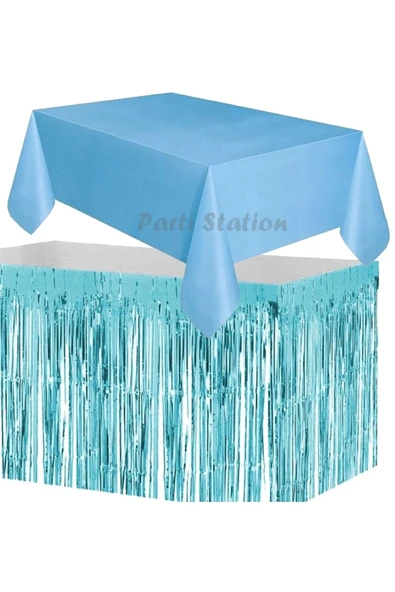 Masa Örtüsü ve Eteği Set Plastik Mavi Renk Masa Örtüsü Mavi Renk Metalize Sarkıt Masa Eteği Set ürün görseli