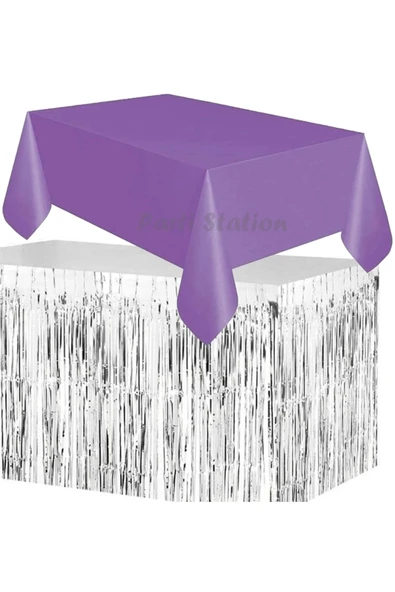 Masa Örtüsü ve Eteği Set Plastik Mor Renk Masa Örtüsü Gümüş Renk Metalize Sarkıt Masa Eteği Set ürün görseli
