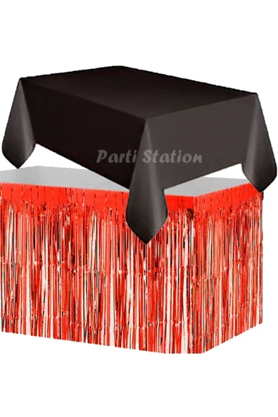 Masa Örtüsü ve Masa Eteği Set Plastik Siyah Renk Masa Örtüsü Kırmızı Renk Metalize Masa Eteği Set ürün görseli