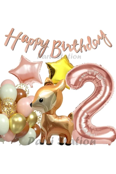Woodland Geyik 2 Yaş Folyo Rosegold Balon Set Geyik Ceylan Doğum Günü Parti Balon Set Geyik Konsept ürün görseli