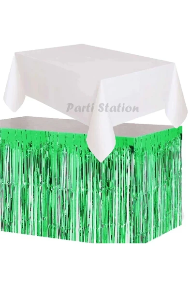 Masa Örtüsü ve Masa Eteği Plastik Beyaz Renk Masa Örtüsü Yeşil Renk Metalize Sarkıt Masa Eteği Set ürün görseli