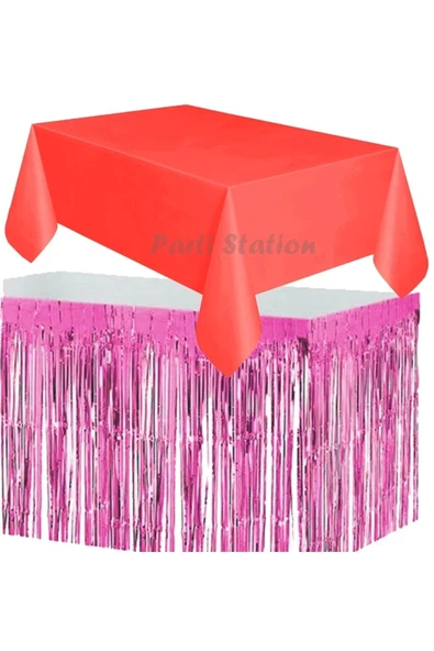 Masa Örtüsü ve Etek Set Plastik Kırmızı Renk Masa Örtüsü Pembe Renk Metalize Sarkıt Masa Eteği Set ürün görseli