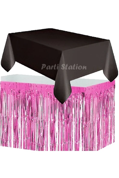 Masa Örtüsü ve Masa Eteği Set Plastik Siyah Renk Masa Örtüsü Pembe Renk Metalize Masa Eteği Set ürün görseli