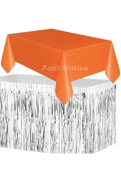 Masa Örtüsü ve Masa Eteği Set Plastik Turuncu Renk Masa Örtüsü Gümüş Renk Metalize Masa Eteği Set ürün görseli