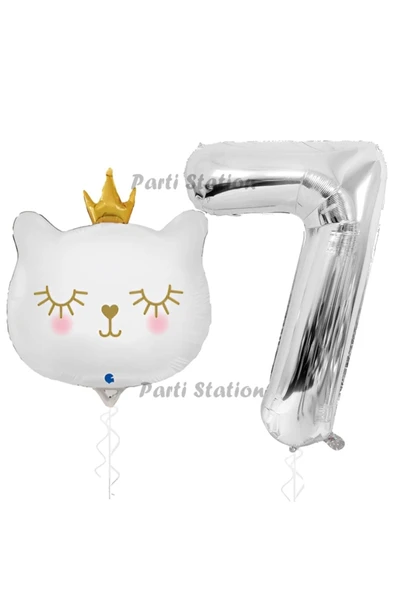 Beyaz Kedi 7 Yaş Doğum Günü Balon Set White Cat White Kitty Konsept Parti Balon Set Beyaz Kedi Tema