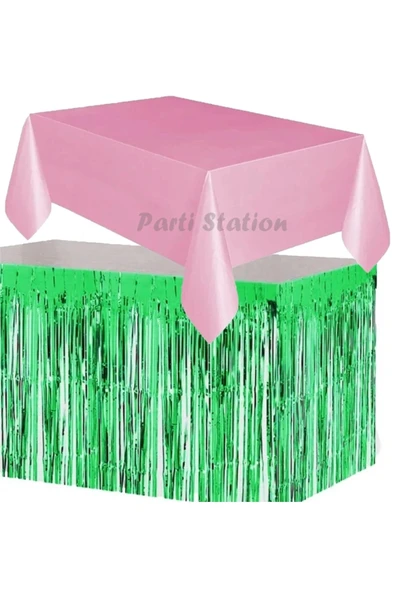 Masa Örtüsü ve Etek Set Plastik Pembe Renk Masa Örtüsü Yeşil Renk Metalize Sarkıt Masa Eteği Set ürün görseli