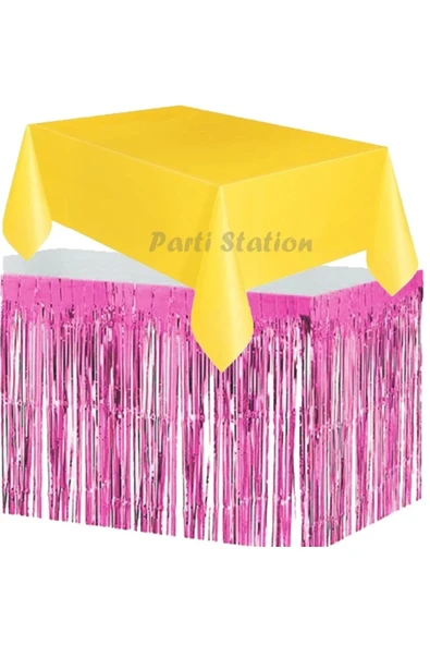 Masa Örtüsü ve Masa Eteği Set Plastik Sarı Renk Masa Örtüsü Pembe Renk Metalize Masa Eteği Set ürün görseli