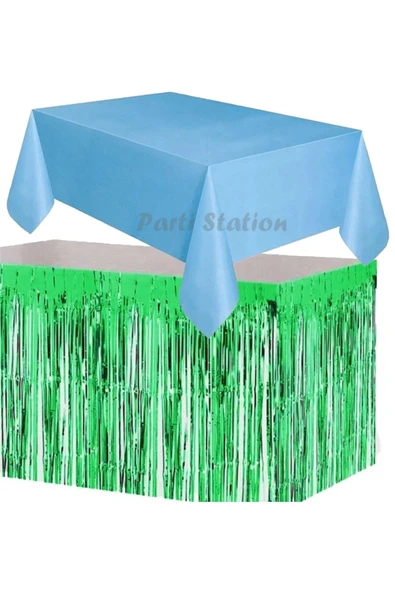 Masa Örtüsü ve Eteği Set Plastik Mavi Renk Masa Örtüsü Yeşil Renk Metalize Sarkıt Masa Eteği Set ürün görseli