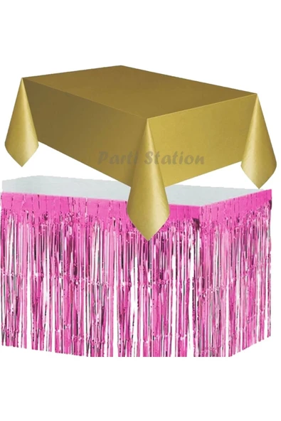 Masa Örtüsü Masa Eteği Plastik Altın Gold Renk Masa Örtüsü Pembe Renk Metalize Sarkıt Masa Eteği Set