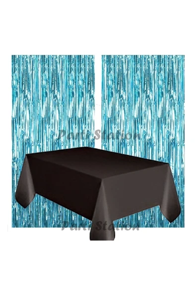 2 Adet Mavi Renk Metalize Arka Fon Perdesi ve 1 Adet Plastik Siyah Renk Masa Örtüsü Set