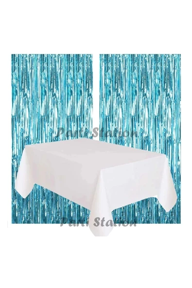 2 Adet Mavi Renk Metalize Arka Fon Perdesi ve 1 Adet Plastik Beyaz Renk Masa Örtüsü Set ürün görseli