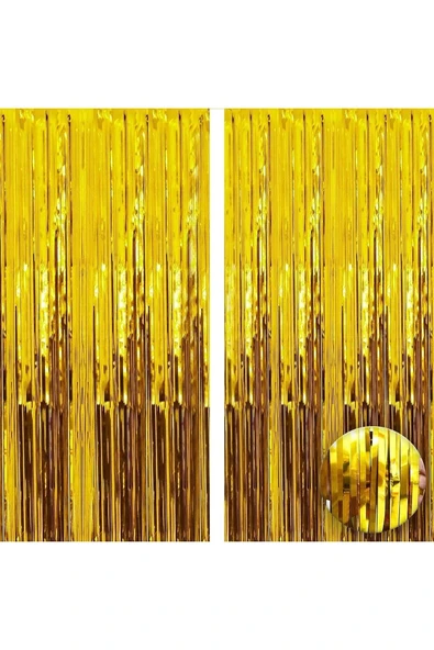 2 Adet Altın Gold Renk Metalize Arka Fon Perdesi ve 1 Adet Plastik Gümüş Gri Renk Masa Örtüsü Set - 2