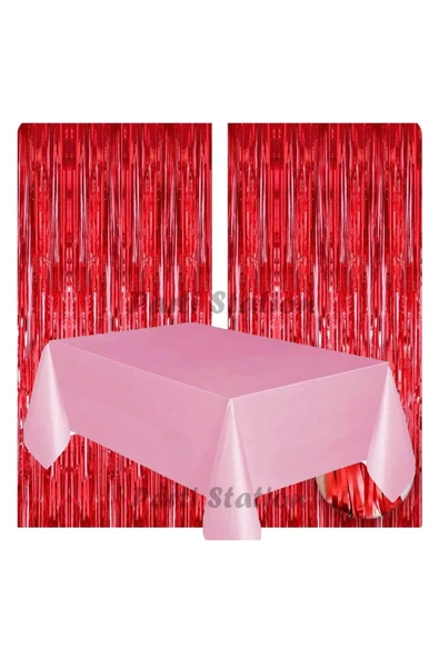 2 Adet Kırmızı Renk Metalize Arka Fon Perdesi ve 1 Adet Plastik Pembe Renk Masa Örtüsü Set ürün görseli