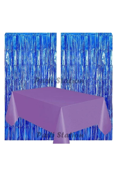 2 Adet Lacivert Renk Metalize Arka Fon Perdesi ve 1 Adet Plastik Mor Renk Masa Örtüsü Set ürün görseli