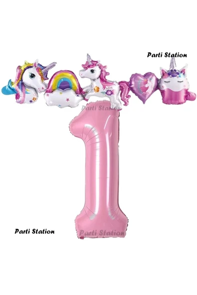 Pembe Renk Rakam Balonlu Unicorn 1 Yaş Doğum Günü Parti Balon Set Pembe Renk Unicorn Tema Parti Seti