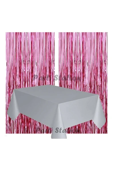 2 Adet Pembe Renk Metalize Arka Fon Perdesi ve 1 Adet Plastik Gümüş Gri Renk Masa Örtüsü Set ürün görseli