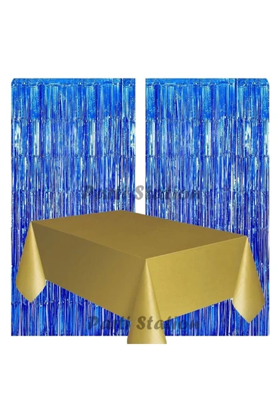 2 Adet Lacivert Renk Metalize Arka Fon Perdesi ve 1 Adet Plastik Altın Gold Renk Masa Örtüsü Set