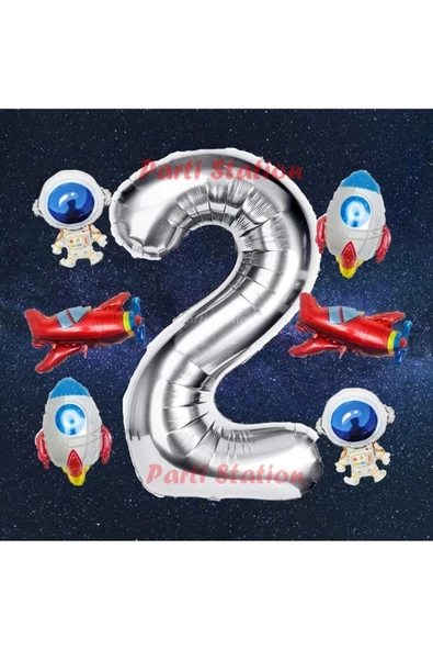 Gümüş Renk Rakam Balon Uzay Konsept 2 Yaş Doğum Günü Balon Set Galaksi Astronot Space Roket Balon
