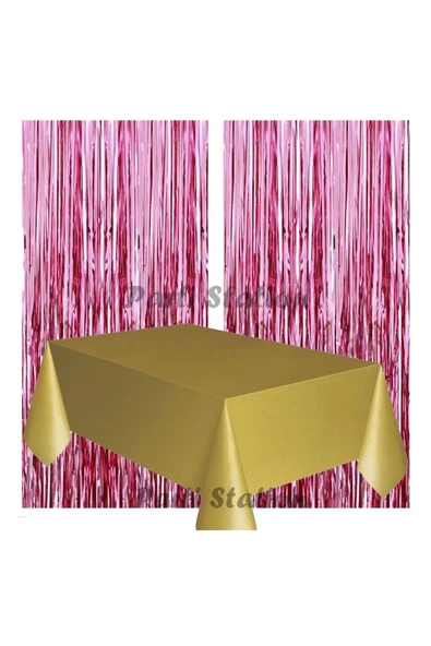 2 Adet Pembe Renk Metalize Arka Fon Perdesi ve 1 Adet Plastik Altın Gold Renk Masa Örtüsü Set