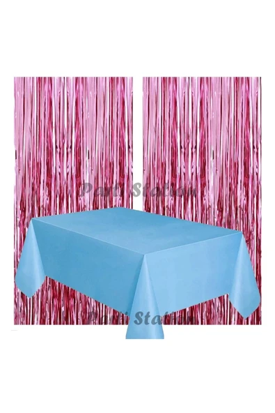 2 Adet Pembe Renk Metalize Arka Fon Perdesi ve 1 Adet Plastik Mavi Renk Masa Örtüsü Set ürün görseli