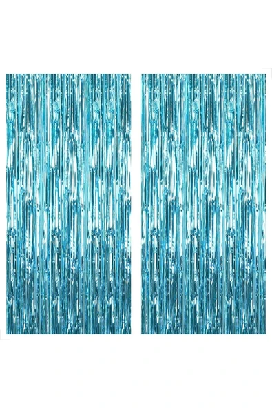 2 Adet Mavi Renk Metalize Arka Fon Perdesi ve 1 Adet Plastik Pembe Gri Renk Masa Örtüsü Set - Resim 2