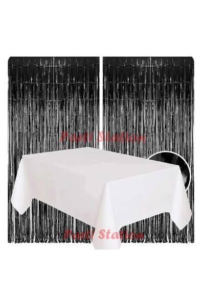 2 Adet Siyah Renk Metalize Arka Fon Perdesi ve 1 Adet Plastik Beyaz Renk Masa Örtüsü Set ürün görseli