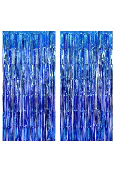 2 Adet Lacivert Renk Metalize Arka Fon Perdesi ve 1 Adet Plastik Mor Renk Masa Örtüsü Set - Resim 2