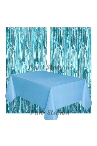 2 Adet Mavi Renk Metalize Arka Fon Perdesi ve 1 Adet Plastik Mavi Renk Masa Örtüsü Set ürün görseli