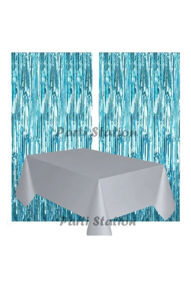 2 Adet Mavi Renk Metalize Arka Fon Perdesi ve 1 Adet Plastik Gümüş Gri Renk Masa Örtüsü Set ürün görseli