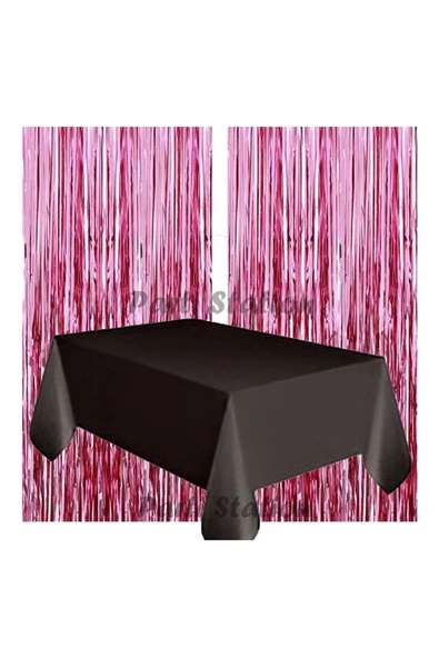 2 Adet Pembe Renk Metalize Arka Fon Perdesi ve 1 Adet Plastik Siyah Renk Masa Örtüsü Set