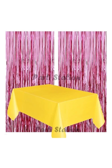 2 Adet Pembe Renk Metalize Arka Fon Perdesi ve 1 Adet Plastik Sarı Renk Masa Örtüsü Set ürün görseli